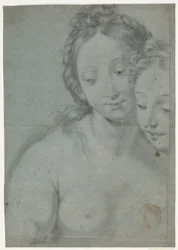 Due teste di donna. Studi dalla metà destra nel dipinto di Carlo Maratti: Autoritratto con Marquese Pallavicini, Stourhead, National Trust, Inghilterra (da Arte Antica e Moderna, 1961, n. 181)