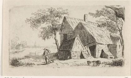 Uomo con cane vicino a una fattoria sull