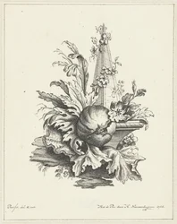 Ornamento con melograno con foglie e obelisco