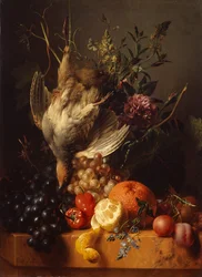 Natura morta con selvaggina e frutta (olio su tela)