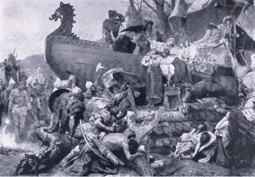 Cremazione di un capo nella Russia orientale, decimo secolo, illustrazione da Landmarks in European History pubblicata da Gresham Publishing Co, c.1920 (litografia)