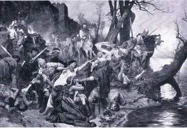 Guerrieri di Sviatoslav al massacro sotto le mura di Drster (Durostorus), illustrazione da Landmarks in European History pubblicata da Gresham Publishing Co, c.1920
