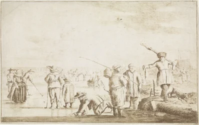 Paesaggio invernale con cacciatore che mostra una lontra