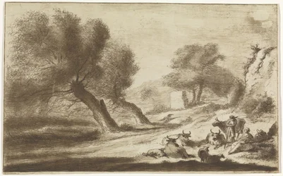 Paesaggio con pastori e bestiame a riposo