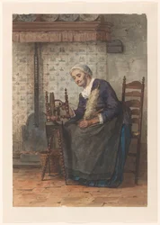 Vecchia donna in un interno al filatoio