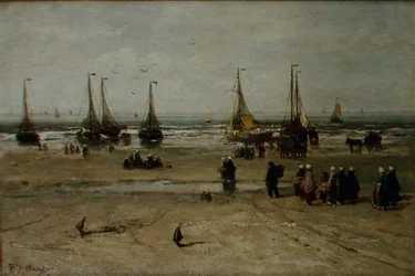 Paesaggio costiero con pescherecci e pescatori