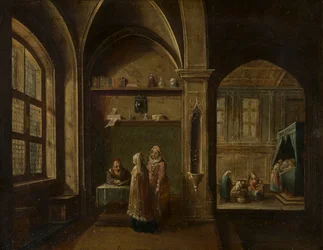 Un interno rinascimentale con figure: La nascita di San Giovanni (c.1600-49)