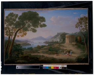 Un ampio paesaggio classico con figure sedute davanti a un tempietto