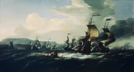 Una battaglia tra olandesi e pirati barbareschi vicino alla costa, fine XVII secolo