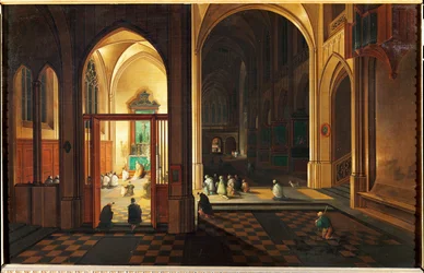 Messa in una chiesa cattolica. Olio su rame