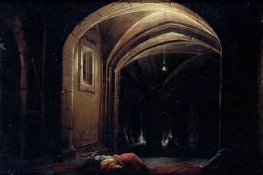 Uomini che dormono in una stanza con archi illuminati