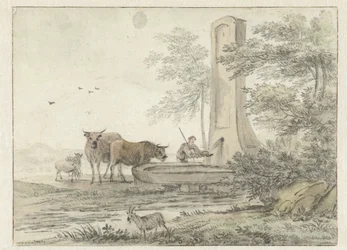 Paesaggio italianeggiante con pastore, bestiame e pecore a una fontana