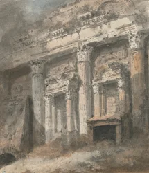 Facciata di un tempio romano in rovina (?), con colonne e portale