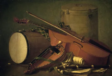 Strumenti musicali, tamburo, violino, flauto e ghironda, di Henri Horace Roland de la Porte (1724-1793). Francia