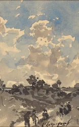 Paesaggio con figure che camminano lungo un sentiero