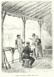 Esercitazione con la pistola prima del duello (incisione)