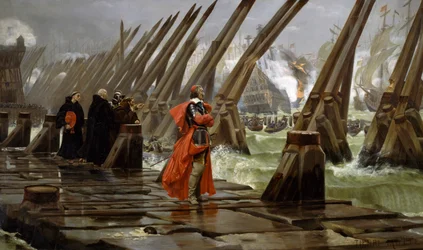 Richelieu (1585-1642) sul frangiflutti a La Rochelle