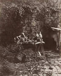 Natura morta: vaso, brocca e verdure su un tavolo a cavalletto, 1852 circa (foto)