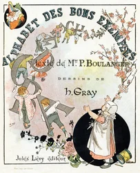 Pagina del titolo del libro "Alfabeto dei buoni esempi". Jules Levy, editore. Illustrazioni di Henri Boulanger, alias Henri Gray. Testi di Mrs. P. Boulanger. Incisione e stampa di Ch. Gillot, 79 rue Madame, Parigi. Intorno al 1890. Trova in ogni immagine l