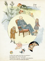 Incisione in "Alphabet des bons exemples". Jules Levy, editore. Illustrazioni di Henri Boulanger, alias Henri Gray. Testi di Mrs. P. Boulanger. Incisione e stampa di Ch. Gillot, 79 rue Madame, Parigi. Intorno al 1890.