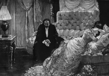 Ritorno dal ballo: una scena di gelosia tra una donna in lacrime e un uomo che si toglie nervosamente i guanti. Incisione dal dipinto di Henri Gervex (1852-1929). In 