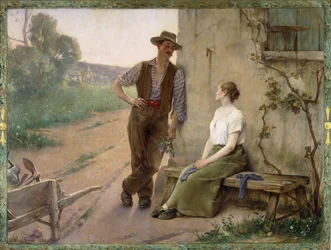 Coppia di contadini in un cortile di fattoria