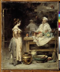 La cucina: un cuoco e una cameriera in cucina