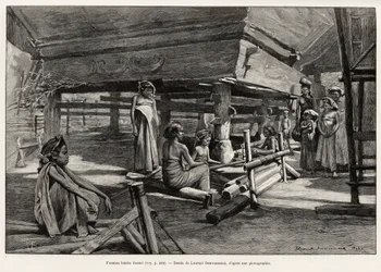 Donne Batak, gruppo etnico del Nord Sumatra, che tessono. Incisione di Laurent Desrousseaux per illustrare la storia 