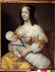 Rappresentazione del futuro re Luigi XIV (1638-1715) bambino, in costume da bagno tra le braccia della sua nutrice Marie de Longuet de la Giraudiere