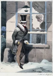 Uomo curioso che guarda fuori dalla finestra dentro una casa: "Ognuno trova il suo piacere dove lo trova" - in "Les pastemps" di Henri Monnier, ed. Delpech, Parigi