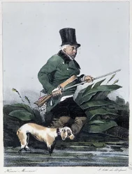 Uomo che caccia con il suo cane: "Ognuno prende il suo piacere dove lo trova" - in "Les pastemps" di Henri Monnier, ed. Delpech, Parigi
