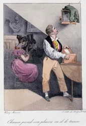 Uomo che alleva uccelli mentre sua moglie lo tradisce: "Ognuno prende il suo piacere o lo trova" - in "Les pastemps" di Henry Monnier, ed. Delpech, Parigi, v.1830