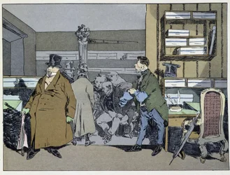 Nove ore: arrivo degli impiegati, cambio di costumi, piccolo tour della stufa - in "Costumi amministrativi" di Henri Monnier