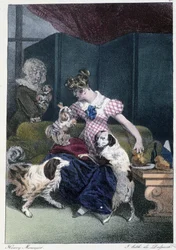 Ragazza con cani: "Everyone takes his pleasure where he finds him" - in "Les pastemps" di Henri Monnier, ed. Delpech, Parigi