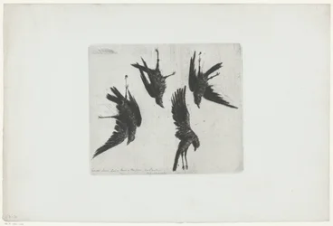 Quattro corvi morti appesi a un muro