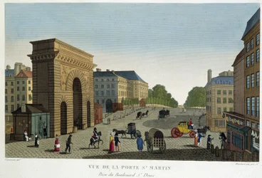Vista della Porta St Martin - in "Vues de Paris" di Courvoisier