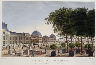 Giardino e Castello delle Tuileries visti dalla terrazza di Les Feuillans. Incisione di Courvoisier