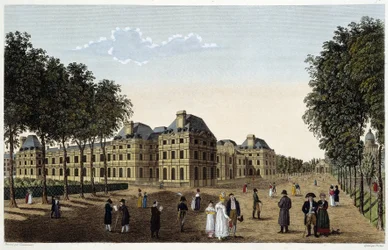 Giardino e Palais du Luxembourg visti dalla terrazza del piccolo Luxembourg. Incisione di Courvoisier