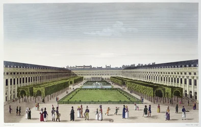 Veduta dei Giardini del Palais Royal, vista dalle Galeries de Bois, inciso da Aubert Fils, c.1815-20
