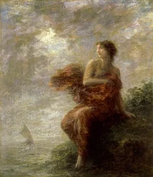 Arianna. Guarda la barca di Teseo allontanarsi in lontananza e rimane sola, abbandonata. Dipinto di Henri Fantin-Latour (Fantin Latour