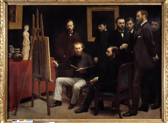 Un laboratorio a Batignolles. Tra i personaggi presenti: Otto Scholderer, Edouard Manet seduto al centro, Pierre Auguste Renoir, Zacharie Astruc, Emile Zola, Edmond Maitre, Frederic Bazille
