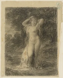 Donna nuda in piedi in un paesaggio boscoso con acqua