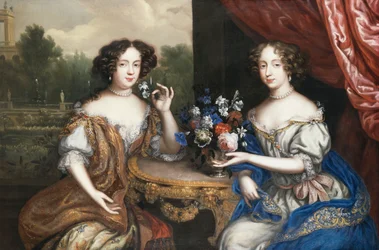 Doppio ritratto di Lady Maria Somalia e Lady Anne Barrington, sedute a tre quarti di lunghezza accanto a un tavolo con un vaso di fiori