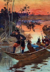 René-Robert Cavelier de La Salle (1643-1687), esploratore francese, e i suoi compagni discendono il Mississippi per la Francia