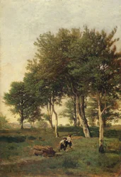 Paesaggio con due ragazzi che portano legna da ardere