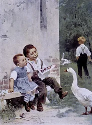 Educazione: bambini che leggono e oca che li osserva - ill. di Geoffroy, in "Figaro Illustré", maggio 1901