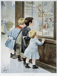 La tentazione: bambini davanti a una vetrina guardano dei giocattoli - illustrazione di Geoffroy, in «Figaro illustré»
