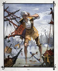 Lemuel Gulliver al centro di una battaglia navale tra le navi di Lilliput e Blefuscu. Illustrazione per 
