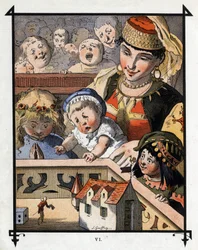 Lemuel Gulliver nel paese dei giganti di Brobdingnag è una curiosità per i bambini. Illustrazione per 