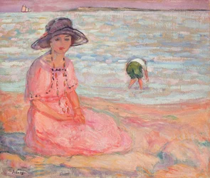 Donna in abito rosa vicino al mare, c.1920